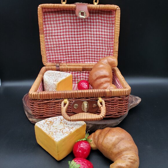 Vintage Wicker Picnic Basket Red Gingham Lining and Faux Food Cheese Bread Fruit - Picture 1 of 13